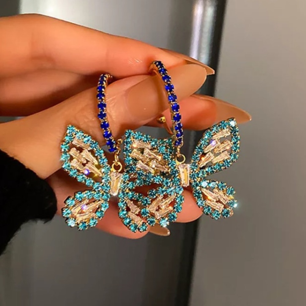🌟 Blue Rhinestone Crystals Big Butterfly 🦋 Earrings